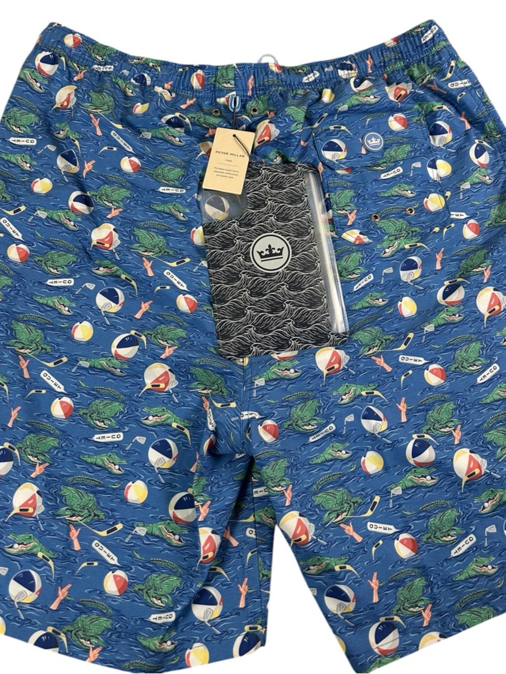 PETER MILLAR Crown Golf Gator Gimmie Swim Trunks Blue XLT NWT NEW Koozie